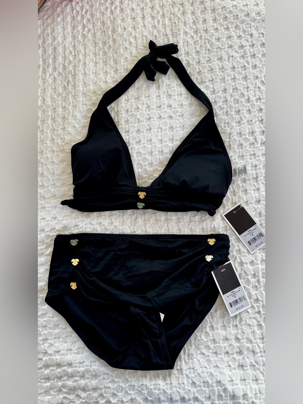 NWT Set Of Juicy Couture Sz M Black Gold Button Halter Bra & High Waist Bottom